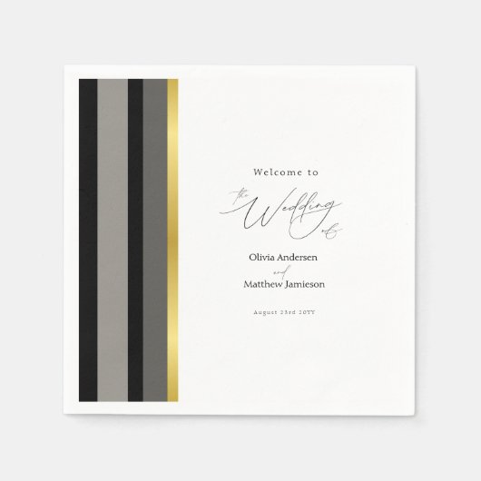 Elegante Typografie Zwart Wit Gouden Streep Huweli Servet (Voorkant)