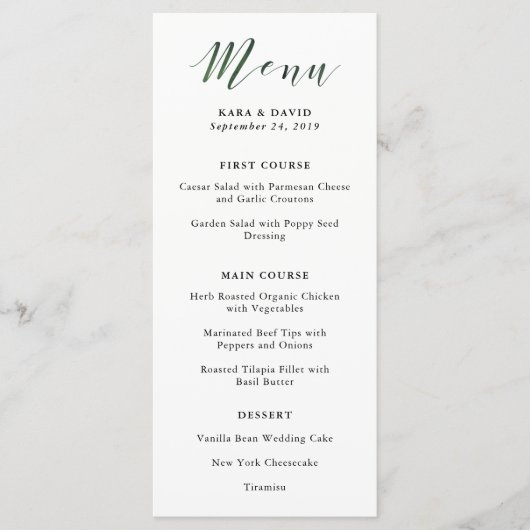 Élégante typographie | Menu Mariage Vert profond (Devant)