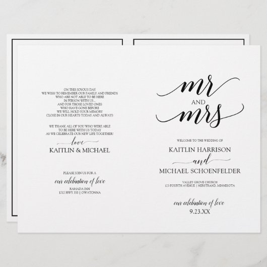 Élégante typographie Programmes de mariage en noir (Devant / Derrière)