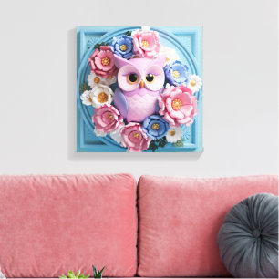 Elegante uilenkunst met bloemenaccenten - Zacht Ro Canvas Afdruk