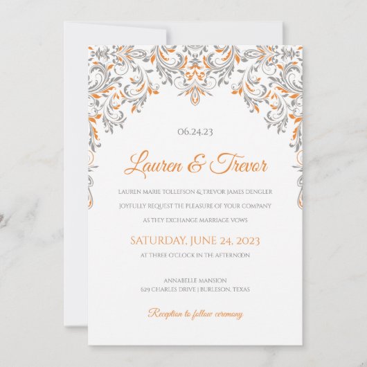 Elegante uitnodiging | Kate (Sinaasappel en grijs) (Voorkant)