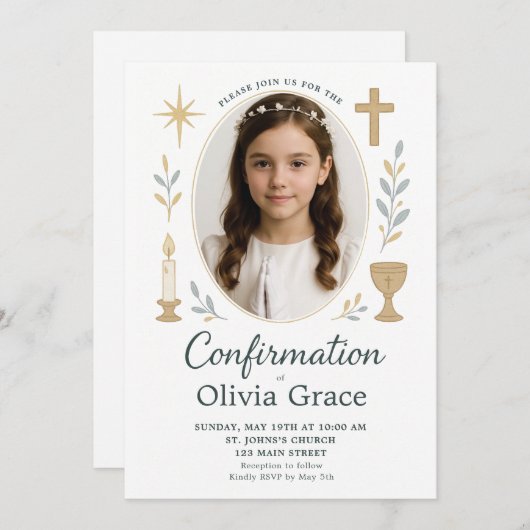 Elegante uitnodiging voor bevestiging voor meisjes (Voorkant / Achterkant)