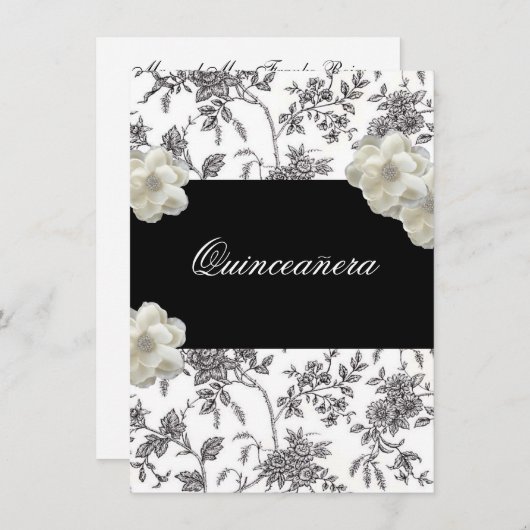 Elegante uitnodiging voor Quinceanera in zwart en (Voorkant / Achterkant)