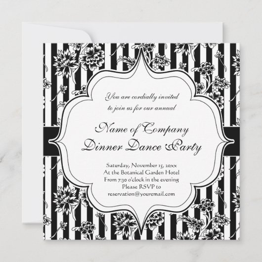 Elegante uitnodiging voor zwartwit diner dansfeest (Voorkant)