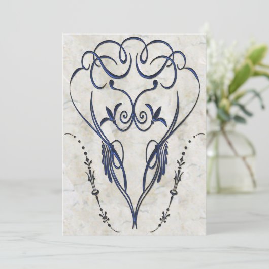 Elegante uitnodigingen in reliëfdruk Blauwe Scroll (Staand voorkant)