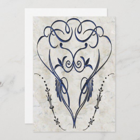 Elegante uitnodigingen in reliëfdruk Blauwe Scroll (Voorkant / Achterkant)