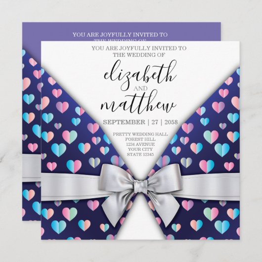 Elegante uitnodigingskaart lint en hartspikkels kaart (Voorkant / Achterkant)