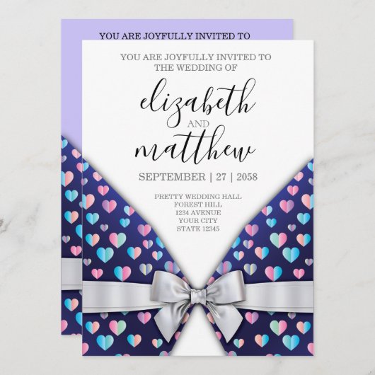 Elegante uitnodigingskaart lint en hartspikkels kaart (Voorkant / Achterkant)