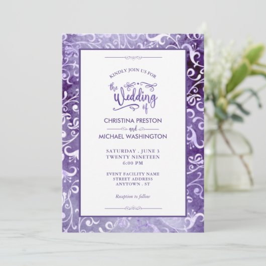 Elegante ultra violette Waterverf bloeit bruiloft Kaart (Staand voorkant)