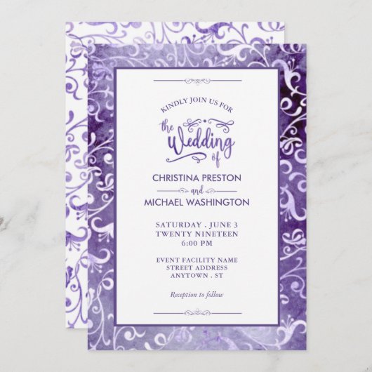 Elegante ultra violette Waterverf bloeit bruiloft Kaart (Voorkant / Achterkant)