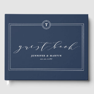 Elegante Unieke Marine Monogram Kalligrafie Bruilo Gastenboek