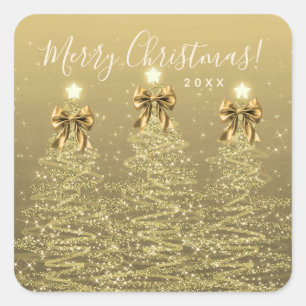 Elegante vakantie gouden kerstbomen met strikken vierkante sticker