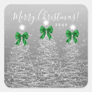 Elegante vakantie zilveren kerstbomen groene strik vierkante sticker