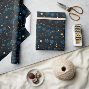 Elegante vallende kosmische harten in blauw en gou cadeaupapier