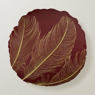 Elegante Veerkunst in Rijke Bourgondische Luxe Tin Rond Kussen