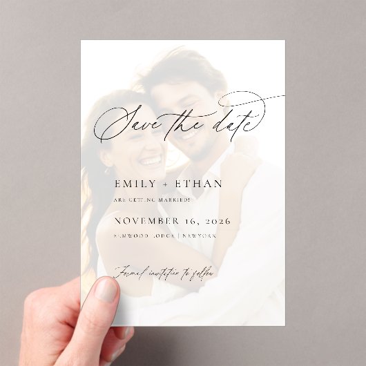 Elegante Vellum Overlay Foto Bruiloft Save the Dat Acryl Uitnodigingen (Insitu (Draagbaar))