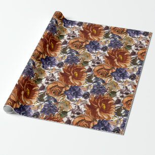 Elegante Verbrand Oranje Navy Blauwe Herfst Bloem Cadeaupapier