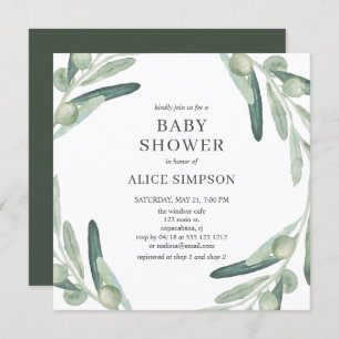 Elégante verdure Baby shower d'olive Invitation