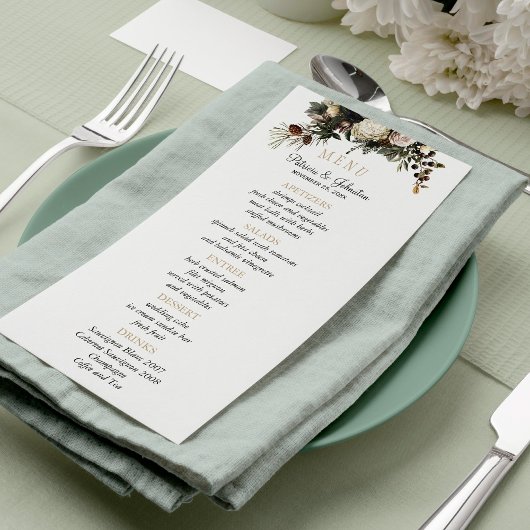 Elégante verdure d'hiver chic menu mariage floral