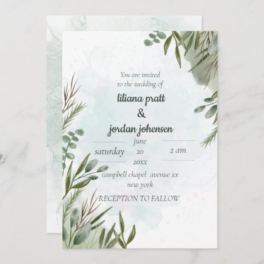 Elégante verdure Eucalyptus Sages Invitation (Devant / Derrière)