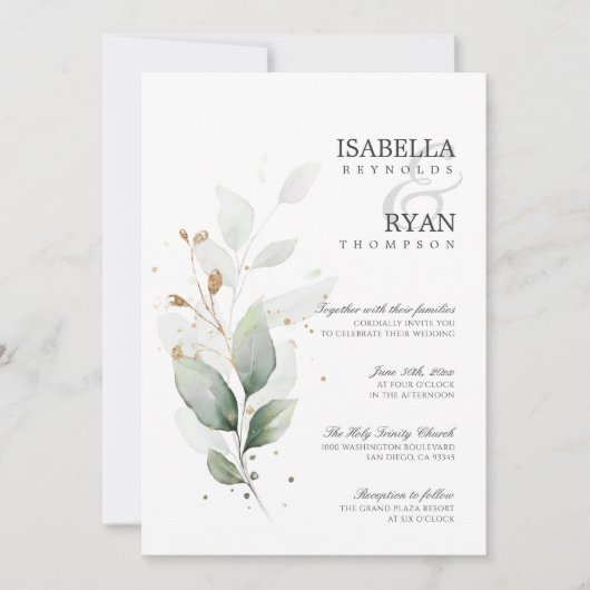 ÉLÉGANTE verdure Faire-part de mariage or Feuille (Devant)