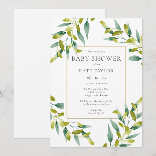 Elégante verdure Foliage Baby shower Invitation (Devant / Derrière)