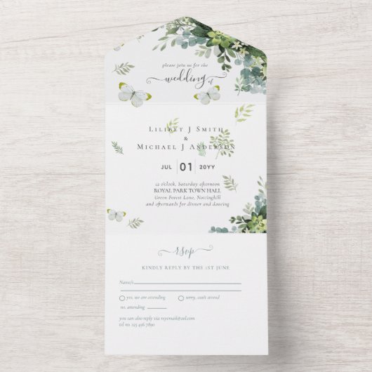 Élégante verdure Foliage Mariage Invitations Budge (À l'intérieur)