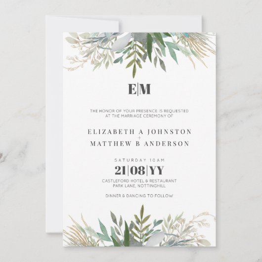Elégante verdure Mariage Invitations Moderne (Devant)