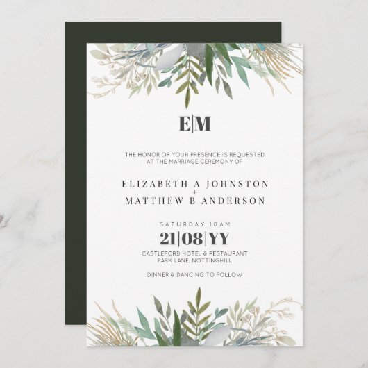 Elégante verdure Mariage Invitations Moderne (Devant / Derrière)