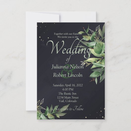 Élégante verdure sur invitation de mariage noire (Devant)