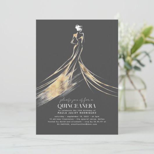 Elegante verfijnde Gouden en Grijze QUINCEAÑERA Kaart (Staand voorkant)