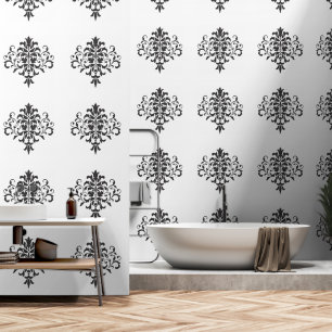 Elegante, verfijnde zwart-witte damast behang