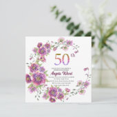 Elegante verjaardagsfeest  bloem glitters 50e kaart (Staand voorkant)