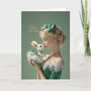 Elegante verjaardagskaart met dame & witte konijn  kaart
