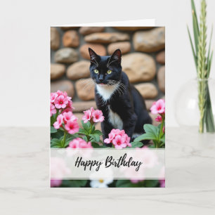 Elegante Verjaardagskaart Zwarte Kat Bloemen Kaart