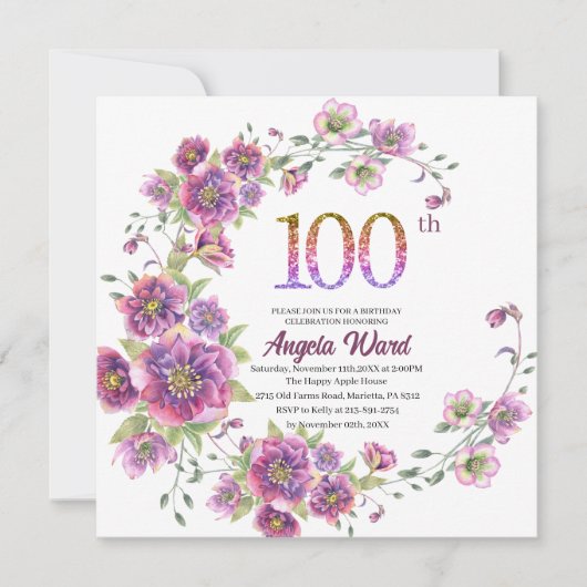 Elegante verjaardagsviering  bloem glitters 100  kaart (Voorkant)