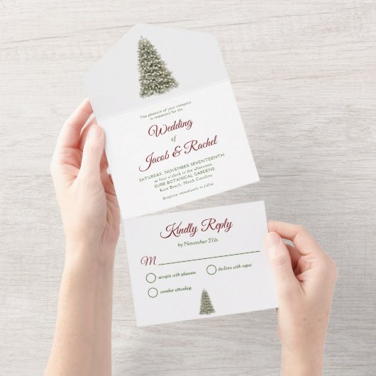 Elegante verlichte kerstboom rood & groen bruiloft all in one uitnodiging (Afscheurbaar)
