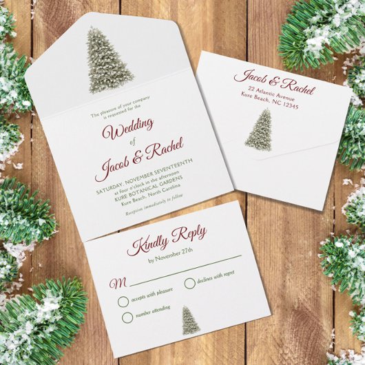 Elegante verlichte kerstboom rood & groen bruiloft all in one uitnodiging