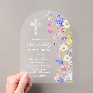 Elegante verse meadowbloemen boog Eerste Communie Acryl Uitnodigingen
