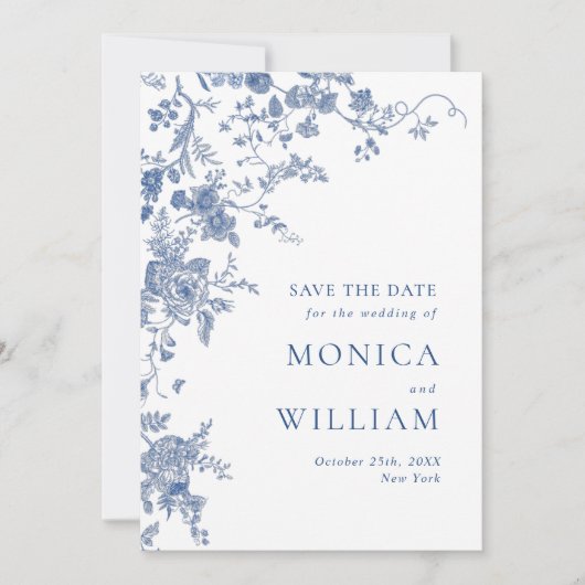 Elegante Victoriaans Blauwe Franse Bloemen Trouwfo Save The Date (Voorkant)