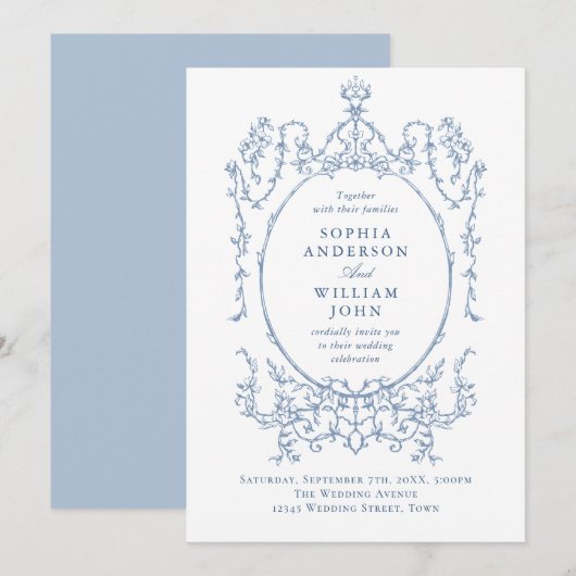 Elegante Victoriaans Floral Dusty Blue Wedding Kaart (Voorkant / Achterkant)
