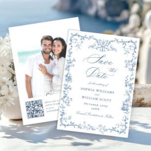 Elegante Victoriaans Floral Dusty Blue Wedding Save The Date