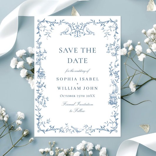 Elegante Victoriaans Floral Dusty Blue Wedding Save The Date