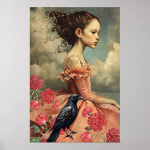 Elegante Victoriaans Gotische Meisje Bloemen & Rav Poster