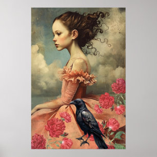 Elegante Victoriaans Gotische Meisje Bloemen & Rav Poster
