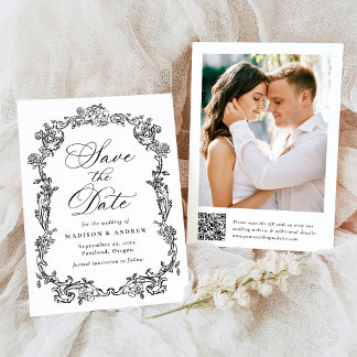 Elegante Victoriaanse bloemencode QR trouwkaart Save The Date