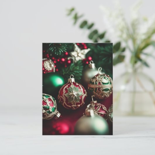 Elegante Victoriaanse Rode Groene Kerstballen Feestdagenkaart (Staand voorkant)