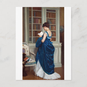 Elegante victoriaanse vrouw lezend in bibliotheek briefkaart