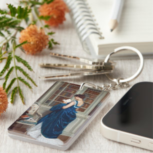 Elegante victoriaanse vrouw lezend in bibliotheek sleutelhanger