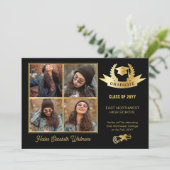 Elegante vier foto zwart | Goud Afstuderen Aankondiging (Staand voorkant)